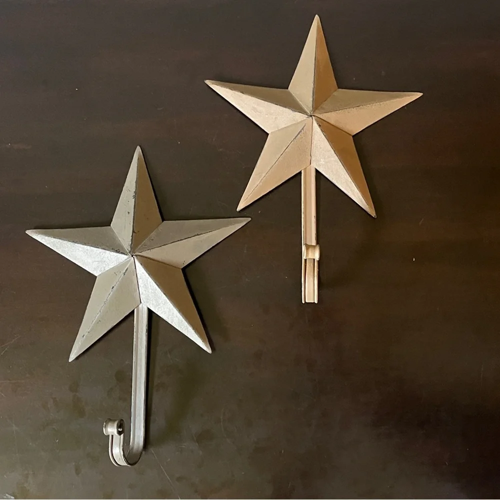 Rustic Distressed 3D Dimensional Metal Star Wall Hooks Gray Tan Hanging Decor
